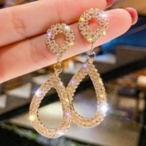 Big Loop Dangle Water Drop Earrings - Gold Alloy & Crystal